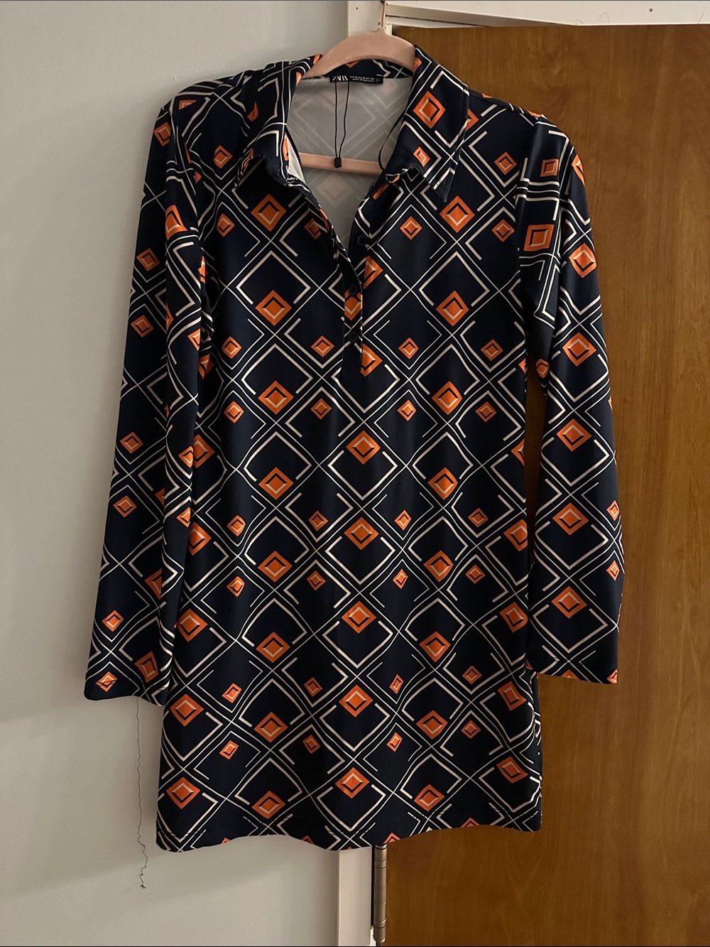 Zara polo collar Geometric Print Mini Dress - Navy & Orange